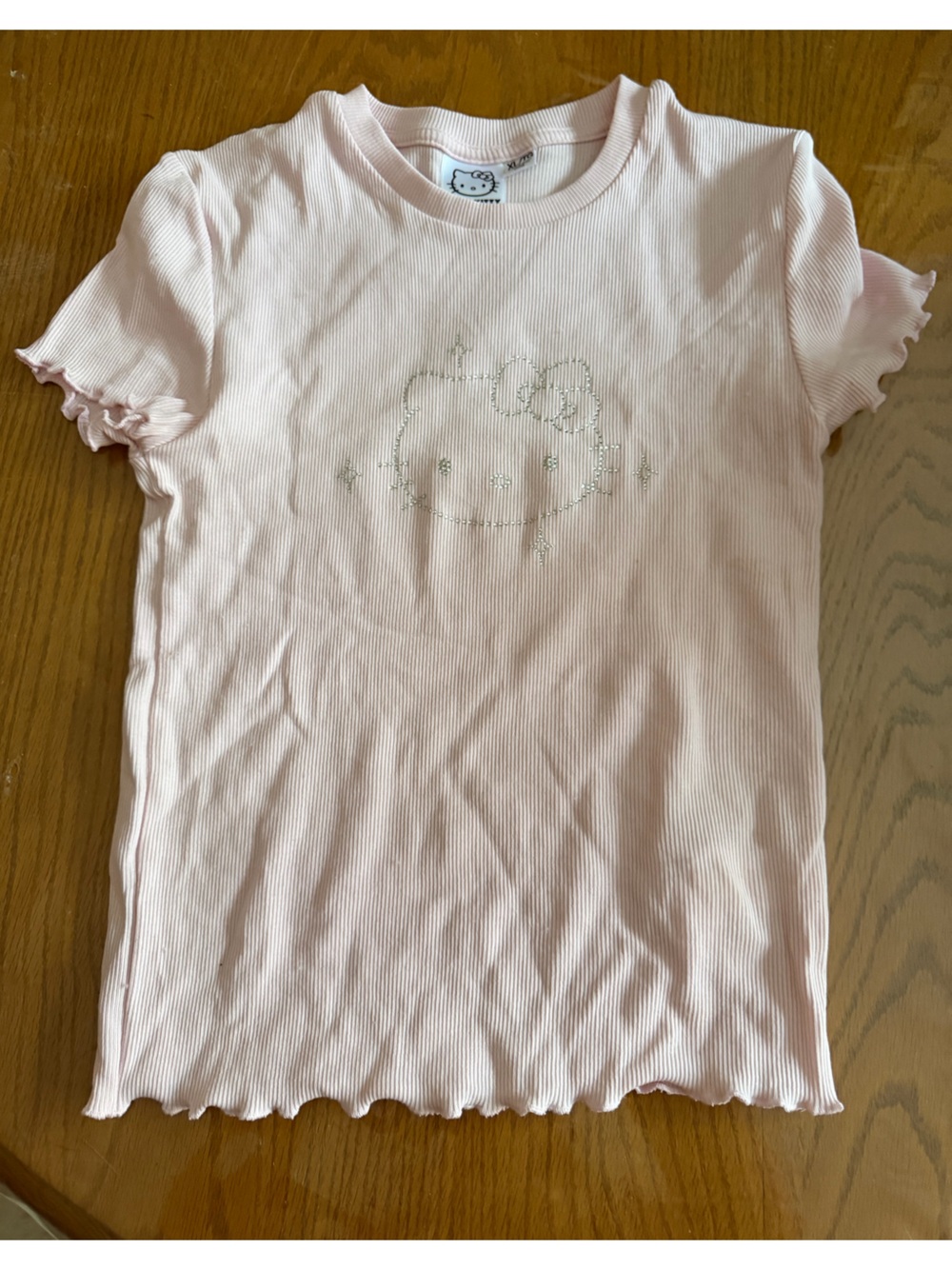 Hello Kitty Light Pink Ribbed Short Sleeve Tee with Rhinestone Motif